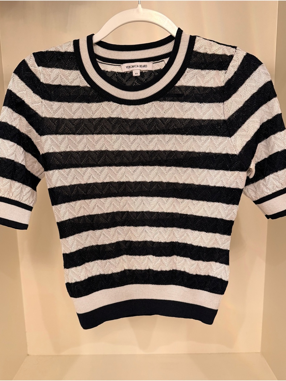Veronica Beard Navy and White Striped Short Sleeve Crew Shirt